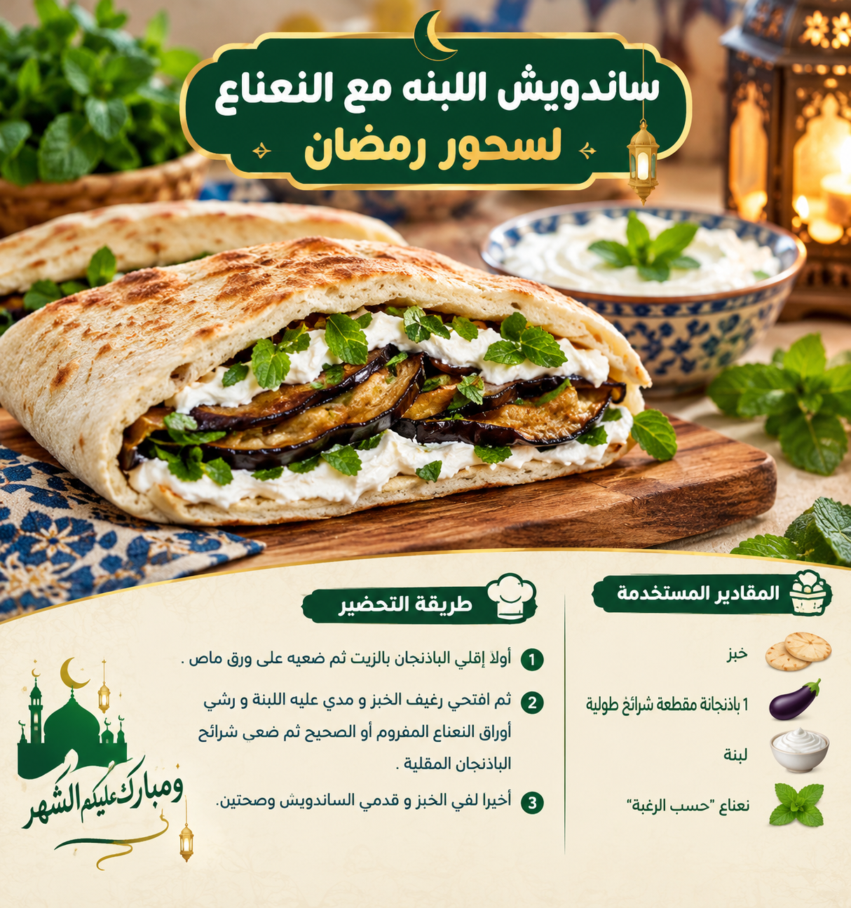 ساندويش اللبنة بالنعناع والباذنجان: وصفة سهلة لسحور رمضان